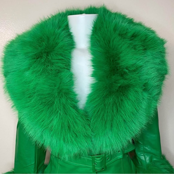 Green faux leather single breasted removable faux fur on collar trench coat - Picture 4 of 13